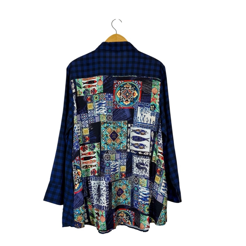 Shana Mixed Print‎ Tunic Top Womens S Button Up Artsy French Cuff Lagenlook